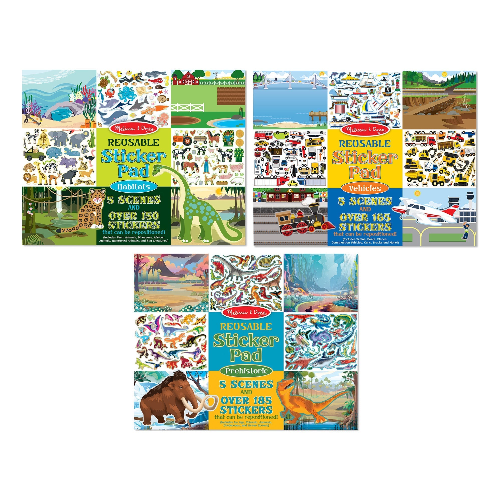 Stickers & Sticker Books Premium Quality Reusable Sticker Pad 3-Pack: Vehicles, Habitats, Prehistoric - Dur...