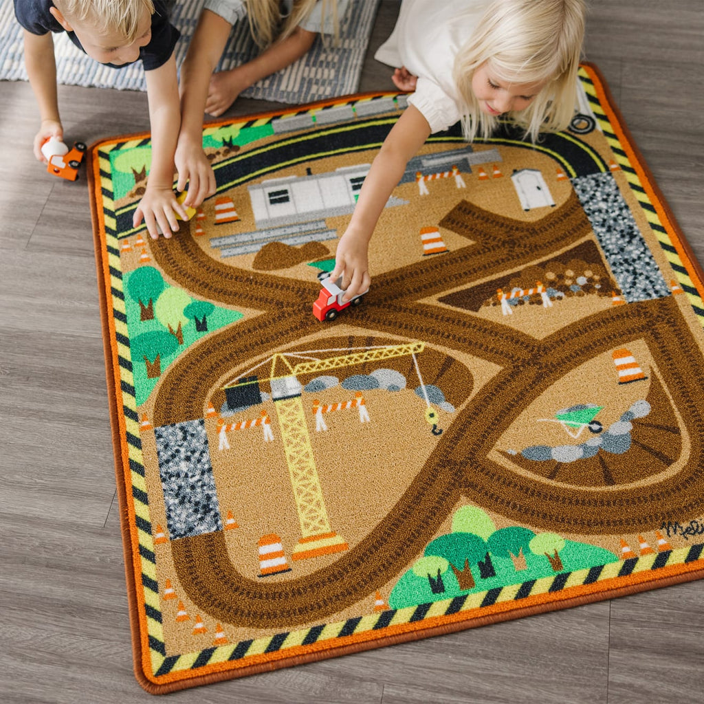 Vehicles & Trains Premium Quality Round the Construction Zone Work Site Rug & Vehicle Set - Durable Materia...