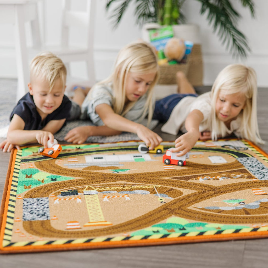 Vehicles & Trains Premium Quality Round the Construction Zone Work Site Rug & Vehicle Set - Durable Materia...